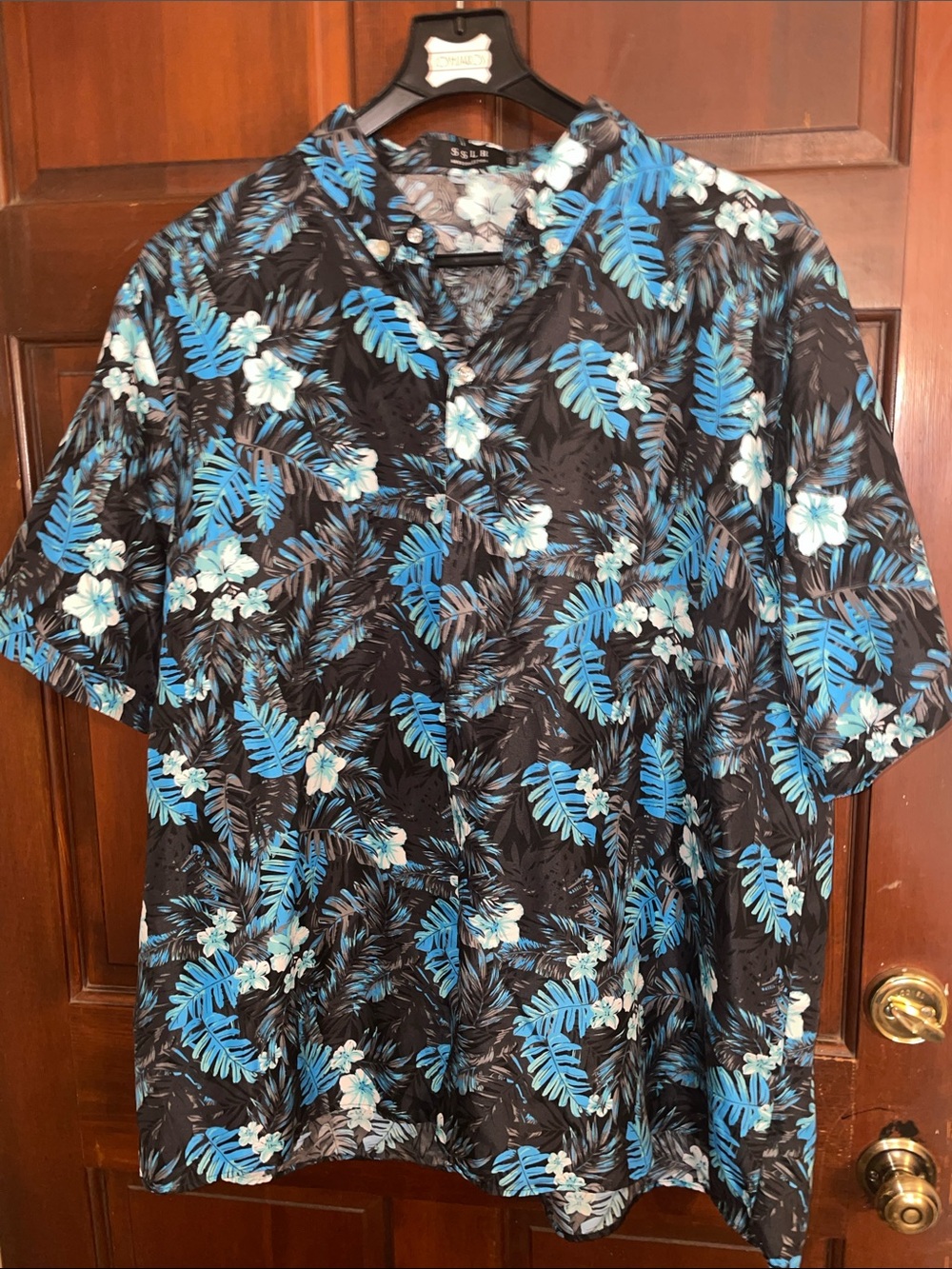 Casual Black Hawaiian Shirt with Blue Tropical Print